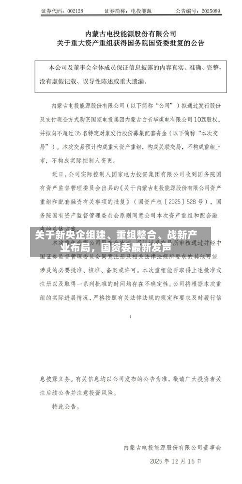 关于新央企组建、重组整合、战新产业布局，国资委最新发声