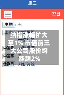 纳指涨幅扩大至1% 市值前三大公司股价均涨超2%