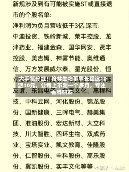 大手笔分红！格林生物董事长提议10派10元，公司上市刚一个多月	，专注香料研发-第2张图片